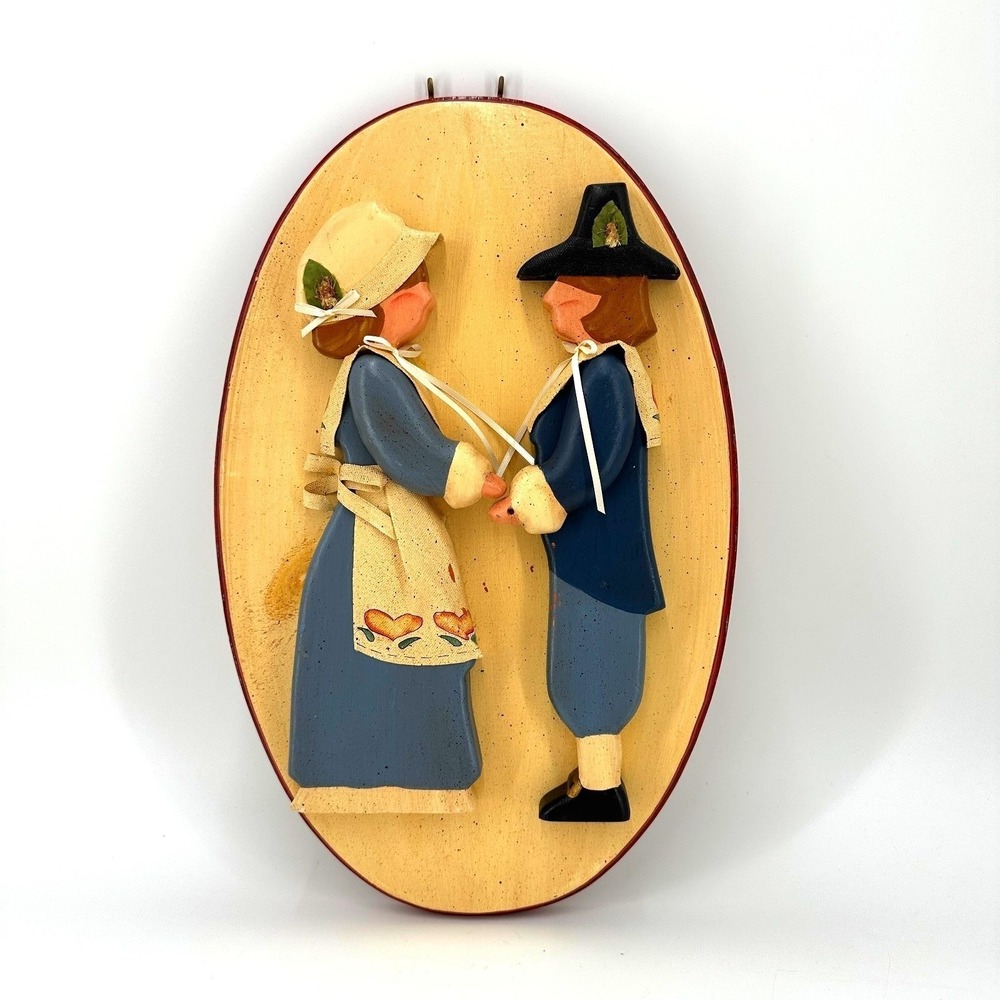 Vintage Wooden Folk Art Couple Wall Hanging Amish/Colonial Country Decor